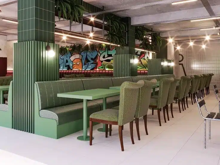 Pizzaria com decoração moderna e projeto arquitetônico assinado pela Arquiter Decoração de pizzaria com estilo moderno, parede de tijolos escuros, mobiliário minimalista e iluminação quente para um ambiente sofisticado e convidativo.