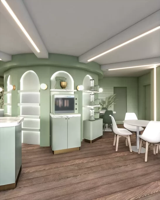 Projeto para confeitarias com design criativo e lúdico, com detalhes arredondados, iluminação indireta e uso de tons de verde nas paredes.