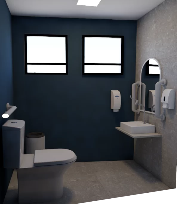 Banheiro comercial: projeto 3D de arquitetura para escritório