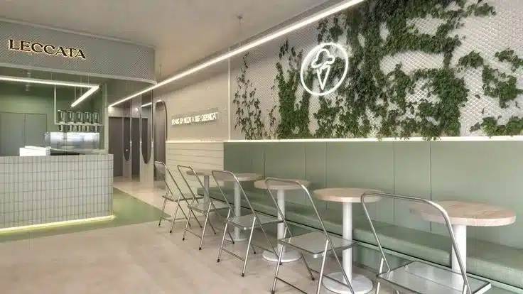 Decoração de sorveteria moderna em paleta de cor verde
