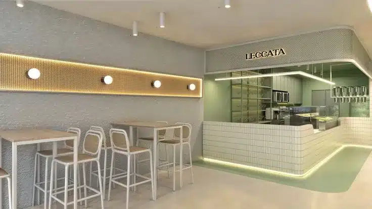 decoração de sorveteria moderna com espaço amplo.