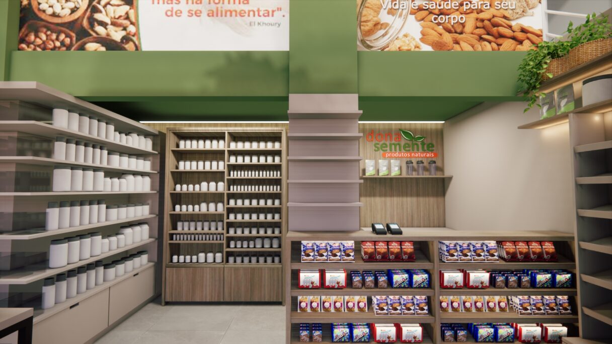 Layout de loja de produtos naturais, desenvolvido para lucrar mais e otimizar o espaço.