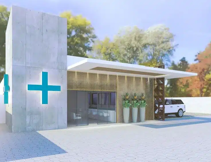 Fachada de clínicas pequenas com design moderno, identidade visual clean.