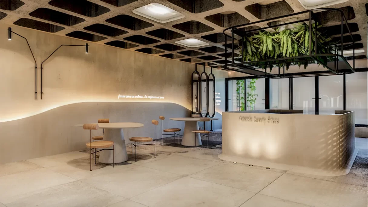 projeto minimalista para cafeteria pequena