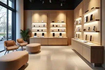 Ponto de venda para loja de celular moderna layout clean e expositores iluminados