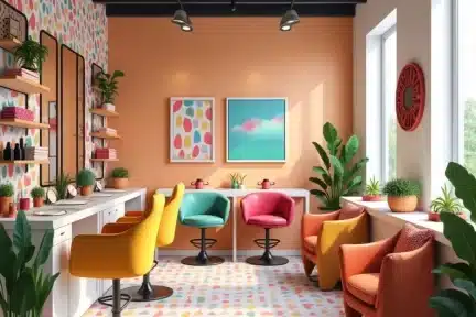 Papel de parede para salão com estampa colorida, criando um ambiente moderno e acolhedor