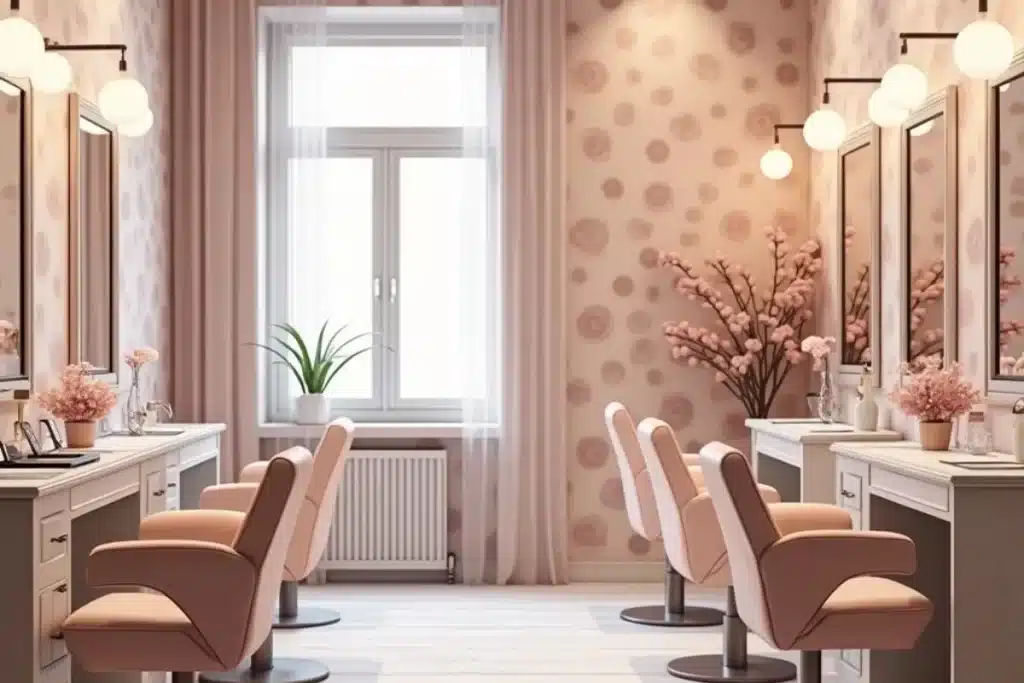 Papel de parede para salão feminino com estampa floral suave e decoração em tons rosé