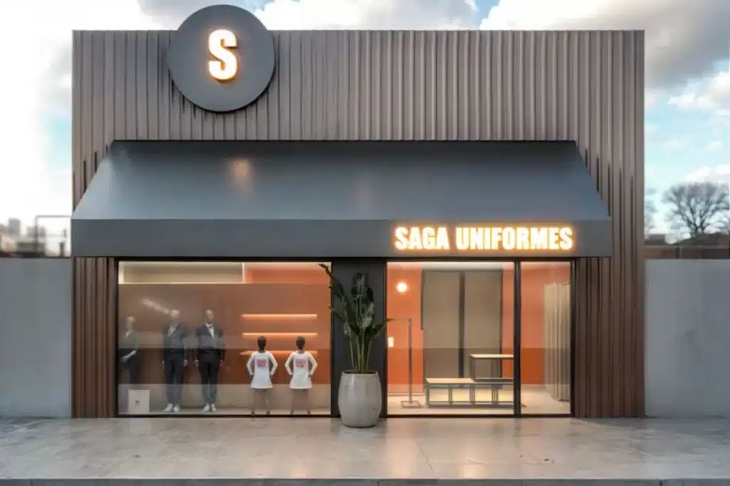 Retail design da loja Saga Uniformes com fachada moderna e vitrine em destaque
