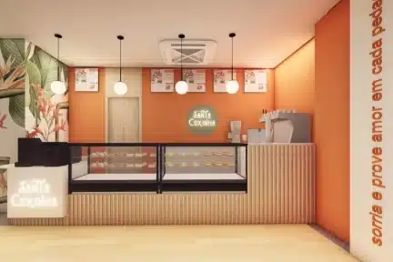 Retail design da Santa Coxinha com ambientação acolhedora e layout funcional
