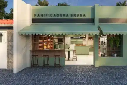 Fachada comercial de padaria charmosa com toldo verde e balcão externo