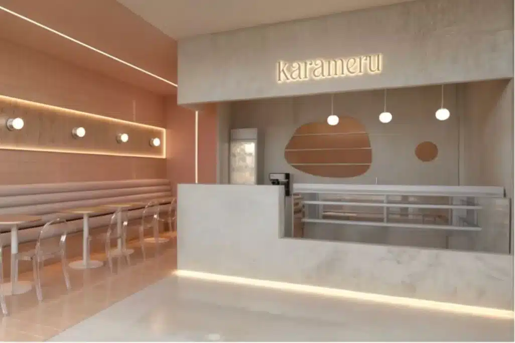 Projeto de ponto comercial pequeno com design minimalista e iluminação embutida