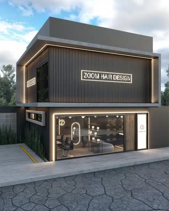 Fachada de um salão de beleza projetado por um arquiteto comercial.