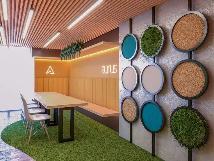 Projeto de arquitetura corporativa com elementos de biofilia, iluminação estratégica e design de interiores voltado para planejamento de ambientes e produtividade.