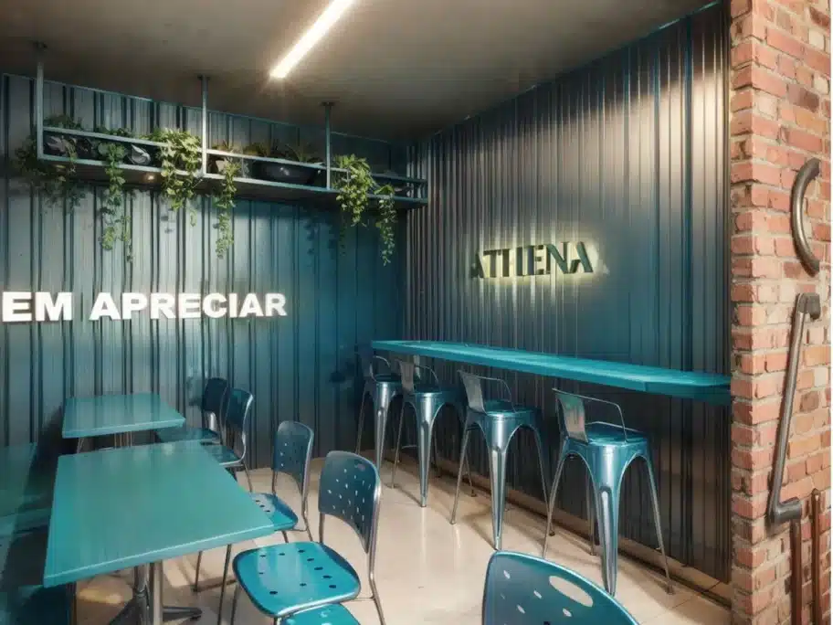 Cafeteria com tons de verde na parede: exemplo de como usar a cor para criar um ambiente moderno e acolhedor. Cafeteria com decoração industrial em tons de verde, incluindo mesas, cadeiras, paredes metálicas e vegetação suspensa, criando um ambiente moderno e convidativo.