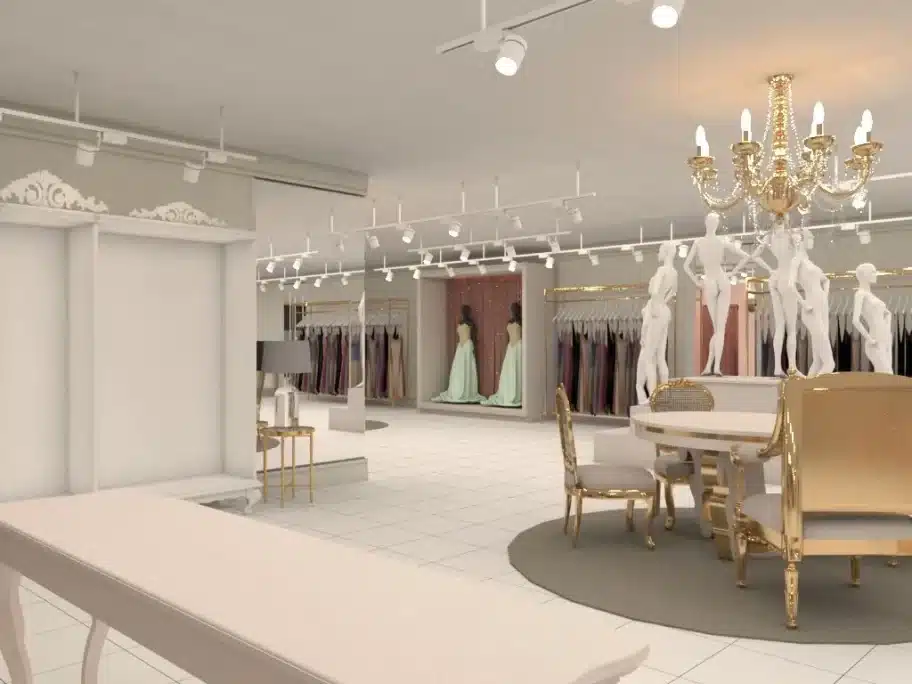 Projeto de loja de vestidos com layout sofisticado e iluminação planejada, exemplo de como escolher um arquiteto que entenda de espaços comerciais e experiência do cliente.