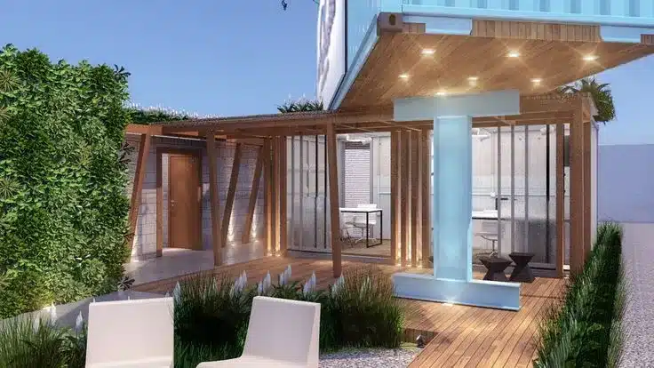 Projeto de arquitetura corporativa com containers e estrutura moderna, destacando o planejamento de ambientes e soluções que favorecem a produtividade no espaço de trabalho.