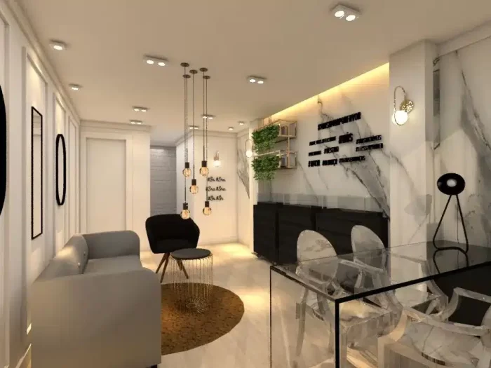 Projeto comercial de recepção moderna com design sofisticado, exemplo de como escolher um arquiteto especializado em espaços corporativos e comerciais.