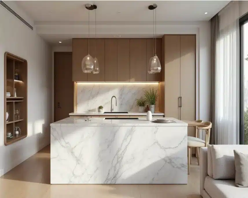 Cozinha de kitnet pequena com bancada em mármore