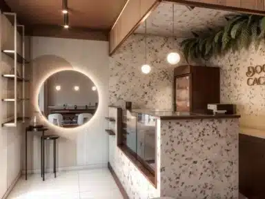 balcão caixa em cafeteria com vitrine de atendimento