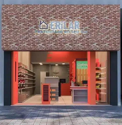 Fachada comercial pequena da loja Erilar com tijolos aparentes e interior visível