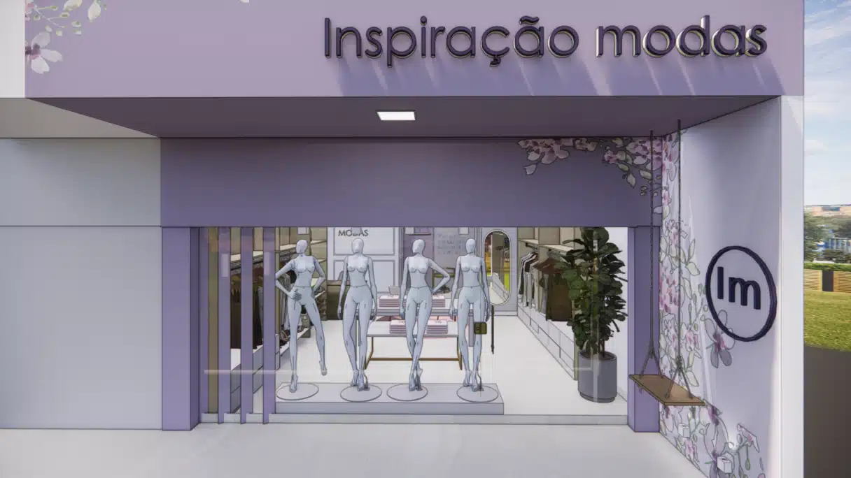 Fachada comercial pequena de loja de moda em tons de lilás com decoração floral