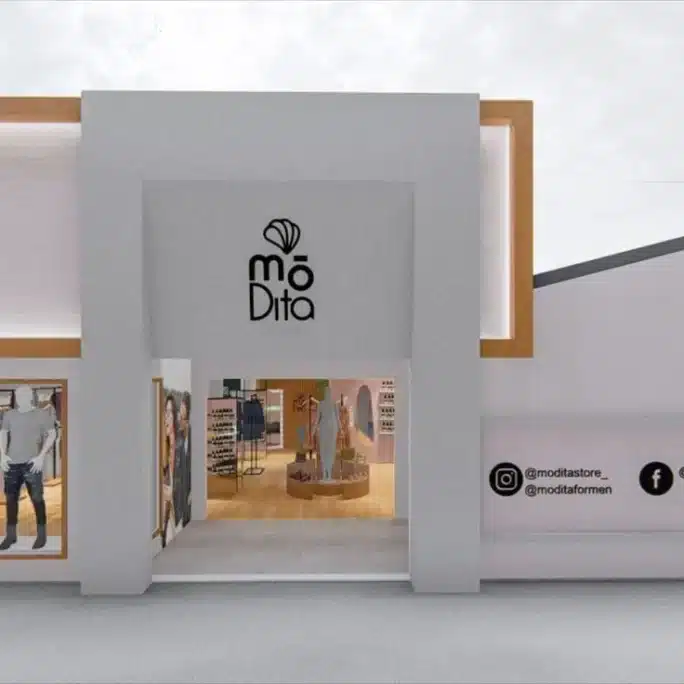 fachada comercial pequena da loja de moda Modita com vitrines e redes sociais visíveis