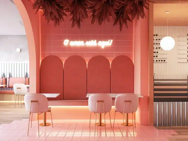 Interior de cafeteria com estética rosa vibrante e iluminação em neon, parte dos projetos da empresa Arquiter, de Sarah Penido.