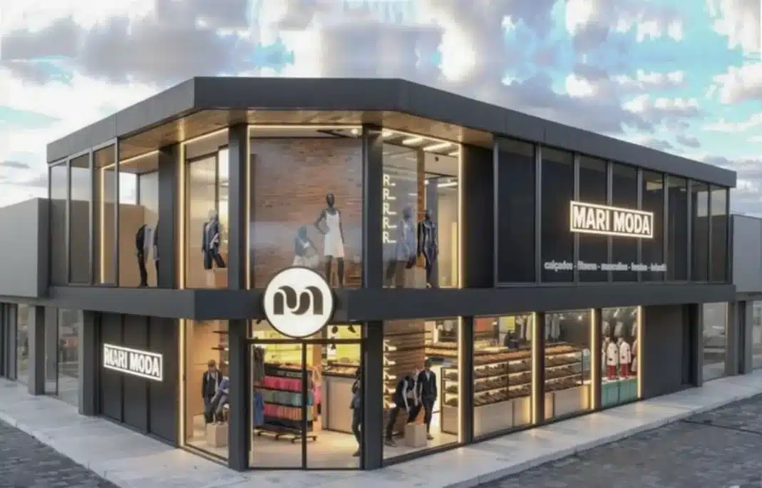 Projeto de reforma de fachada comercial moderna da loja Mari Moda com estrutura em vidro e acabamento em ACM