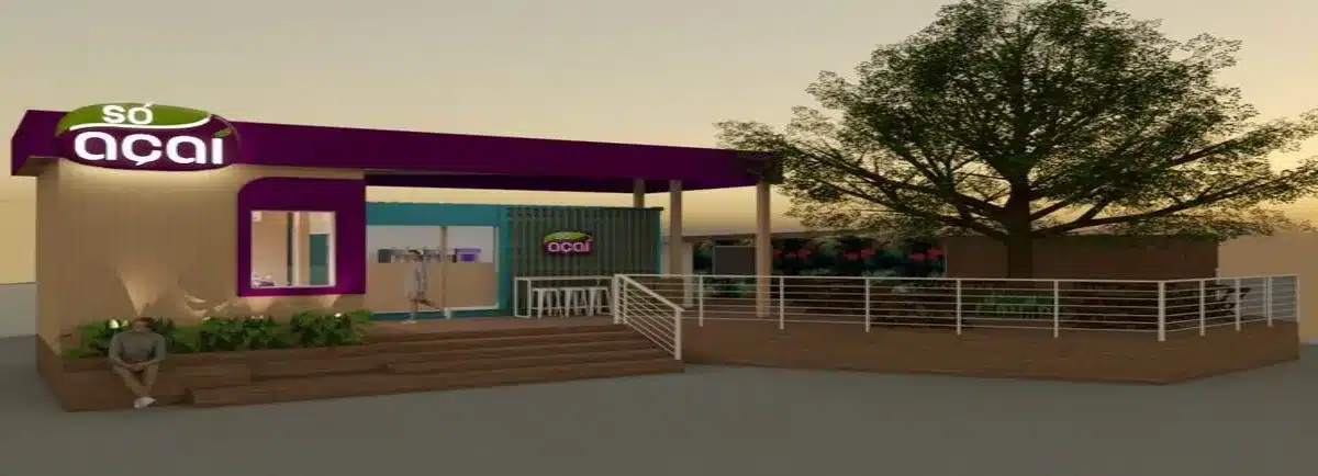 Projeto de reforma de fachada comercial da loja de açaí com estrutura moderna em roxo e verde