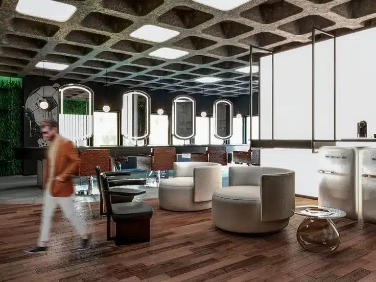 Salão de beleza moderno com materiais e acabamentos sofisticados.