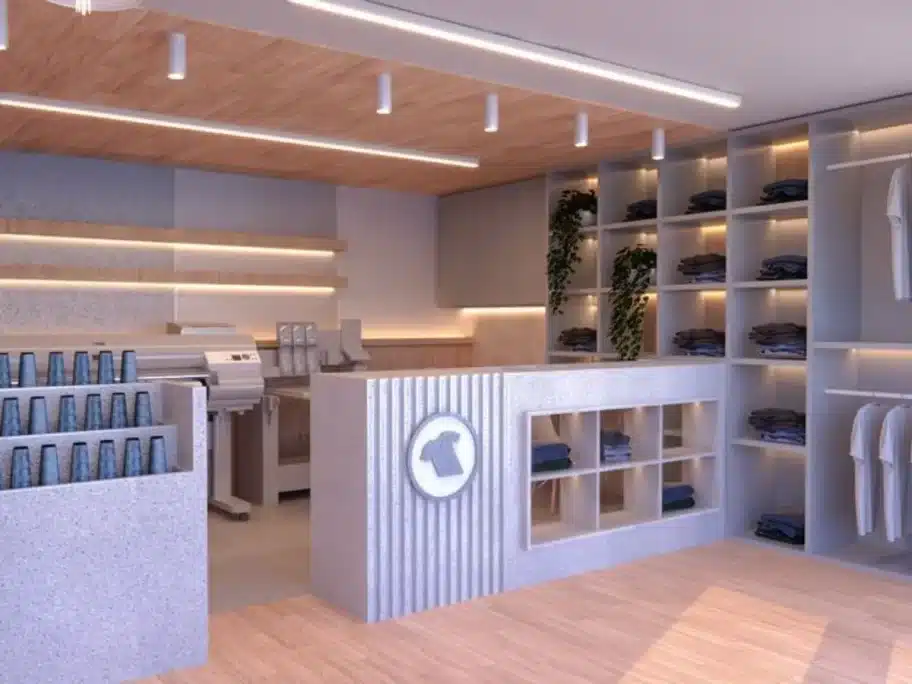 Balcão expositor de uma loja de uniformes