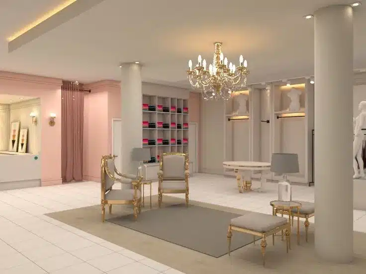 Sala de espera moderna e chique para atelier de alta costura