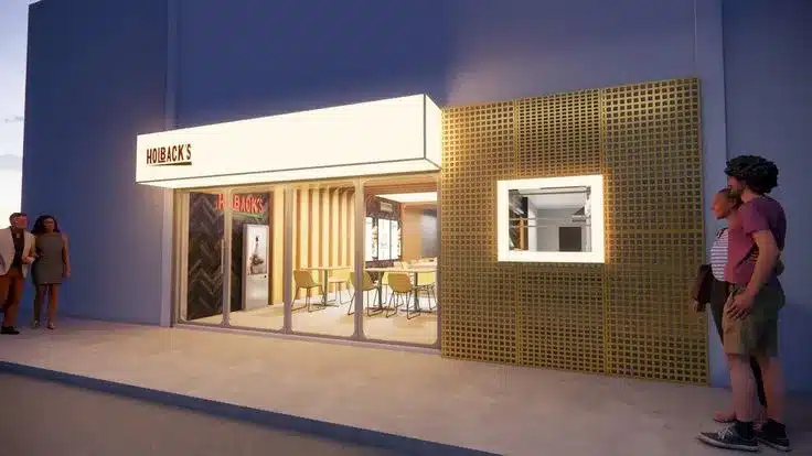 Modelo de fachada de bar 3D com iluminação Fachada de bar noturna com iluminação que destaca a loja