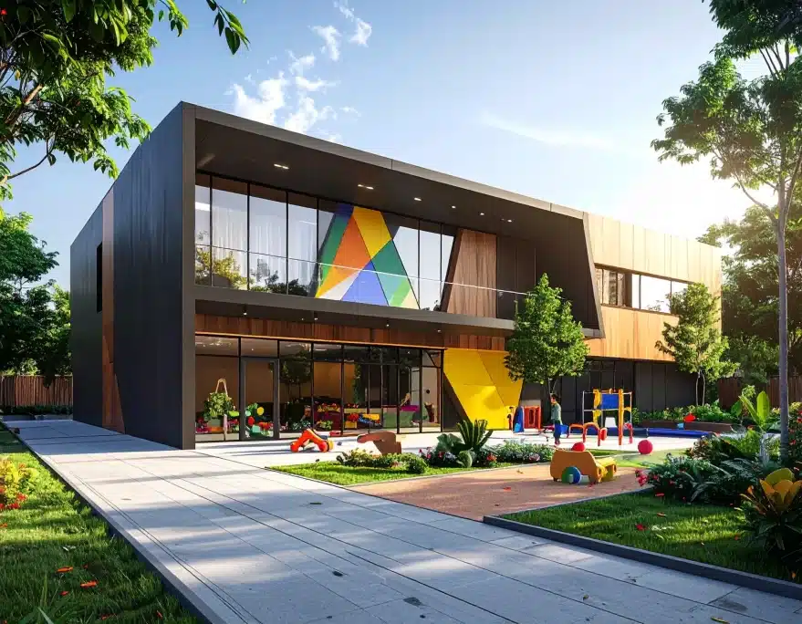fachada escolar moderna com elementos lúdicos