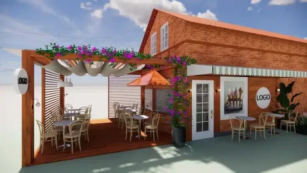Fachada para confeitaria florida e aconchegante