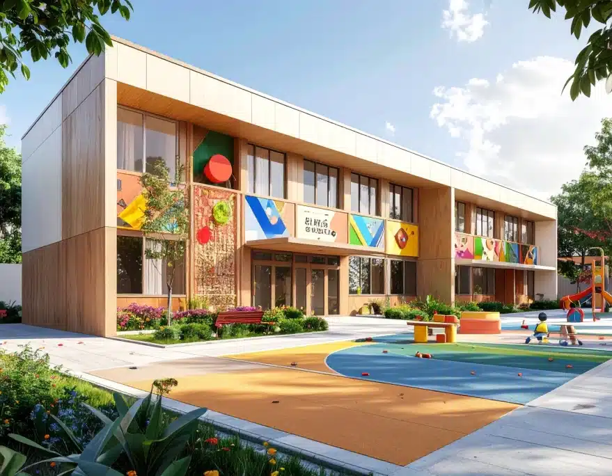 Modelo de fachada de escola particular com elementos lúdicos e pintura colorida