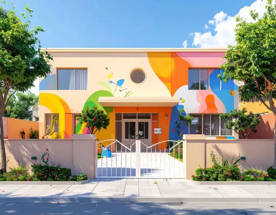 Fachada de escola com cores divertidas e elementos lúdicos