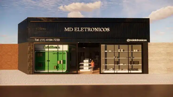 Fachada de loja de material de construção com expositores e vitrine