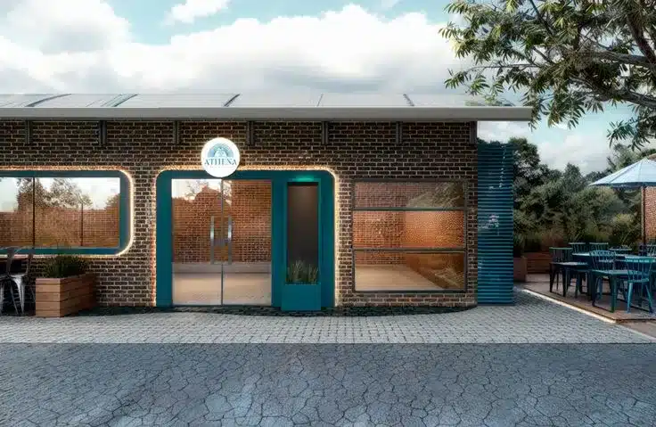 Fachada de cafeteria e panificadora com elementos coloridos