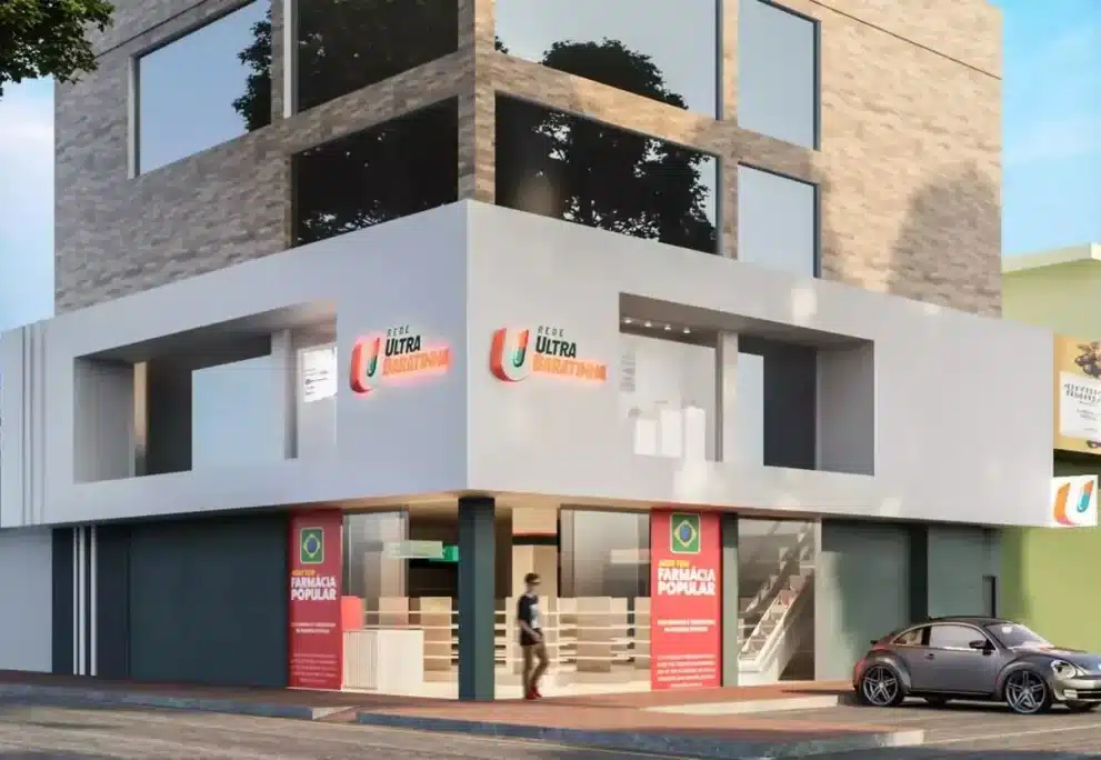 Modelo de fachada de farmácia de esquina grandes redes