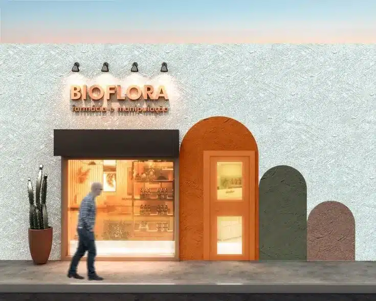 Fachada de farmácia de manipulação com pintura moderna