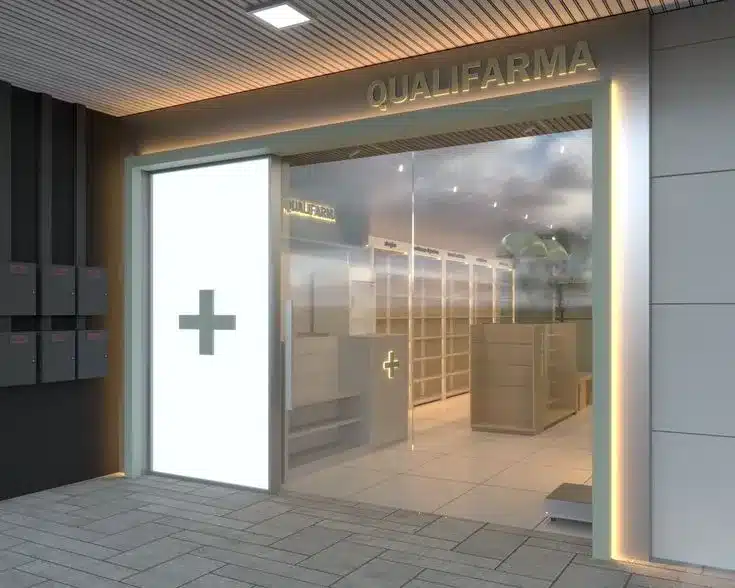 Modelo de fachada de farmácia pequena e moderna