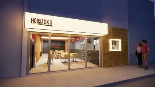 fachada de hamburgueria moderna com iluminação LED e design minimalista