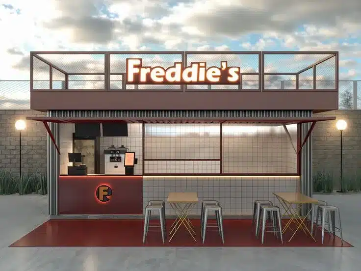 projeto de hamburgueria em quiosque Fachada de hamburgueria pequena para projetos de quiosque