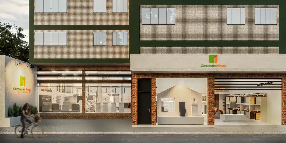 Fachada de loja de material de construção moderna com vidro e ACM