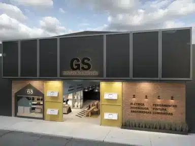 Fachada de loja de material de construção com tijolos aparentes