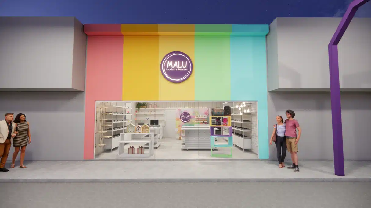 Projeto de fachada de papelaria fofa e colorida