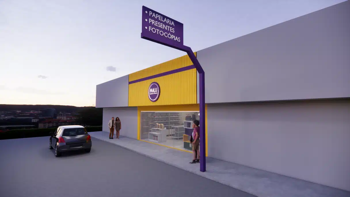 Fachada de papelaria moderna em tom roxo e amarelo