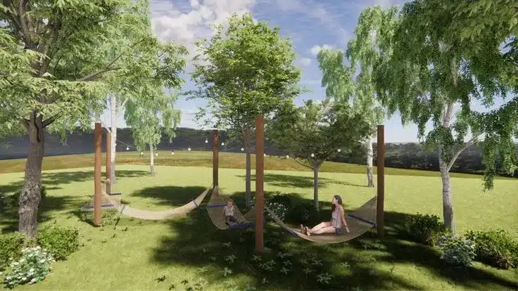 projeto de hotel com área de lazer e espaço verde