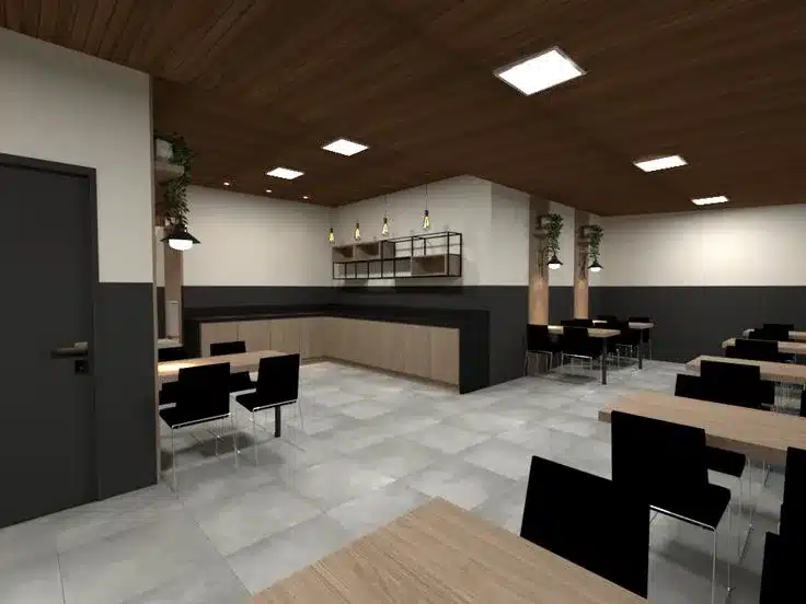 Modelo 3D de restaurante em projeto de hotel